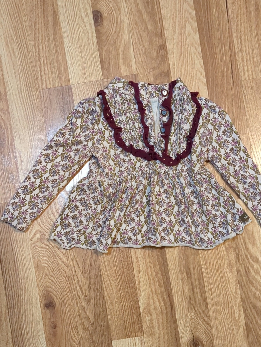 Matilda Jane Cream Floral Long Sleeve Top with Burgundy Ruffle